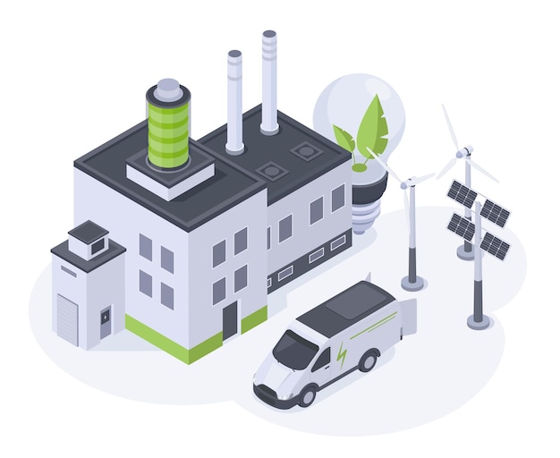 Isometric alternative energy factory with wind and solar energy 3d vector illustration