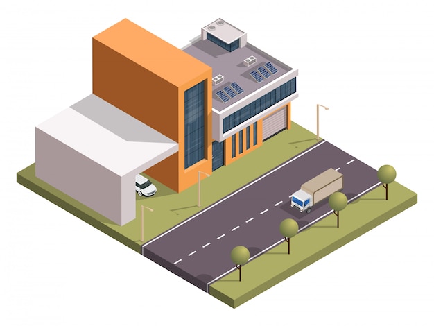 Isometric apartment building and car parking along transport street .