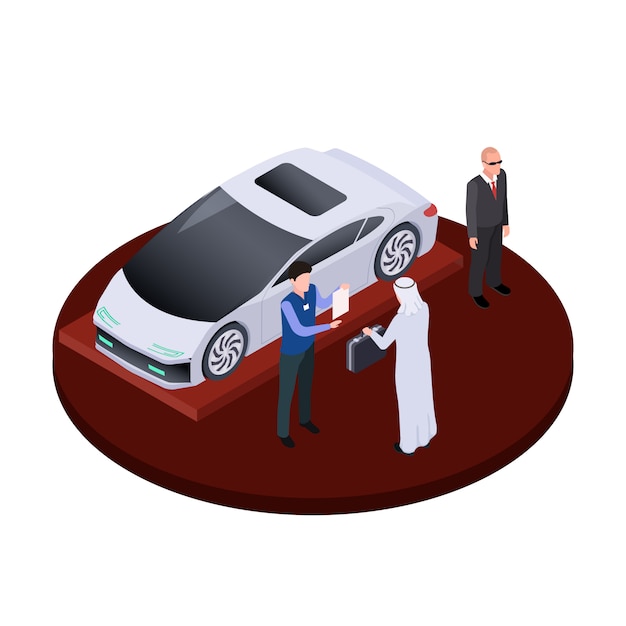 Isometric arab man buys modern electric car  concept. Luxury auto salon illustration