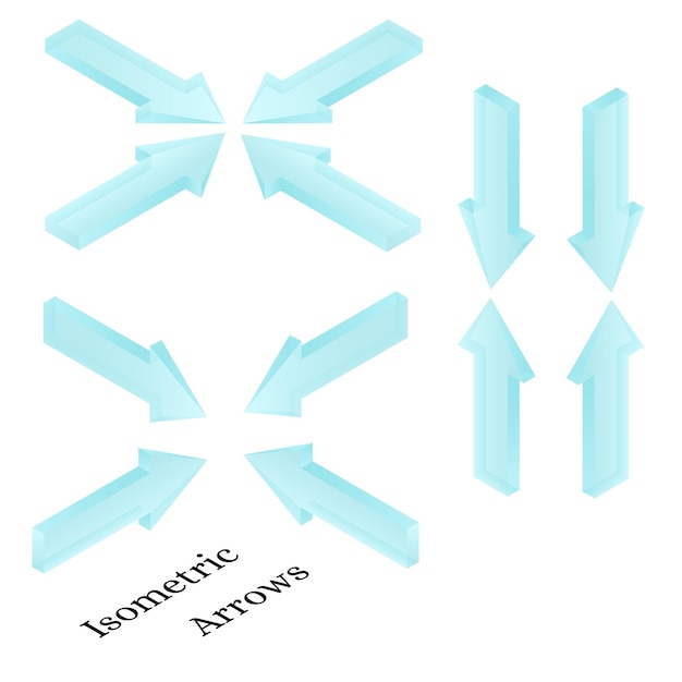 Isometric arrows. Realistic ice arrows. Frozen water in the form of arrows direction. Transparent Light blue arrow icons. Design for web site, PC gaming. Vector illustration.