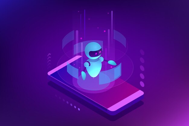 Vector isometric artificial intelligence. chatbot and future marketing. ai and business iot concept. dialog help service. vector illustration.