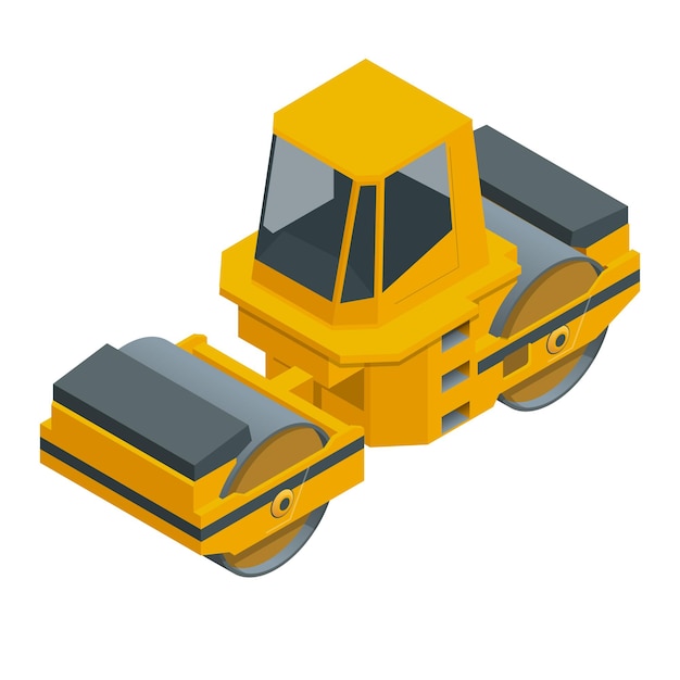 Isometric Asphalt Paver of orange color rolls black asphalt for a road. Road Rollers under the white background. Construction and road work. Vector illustration