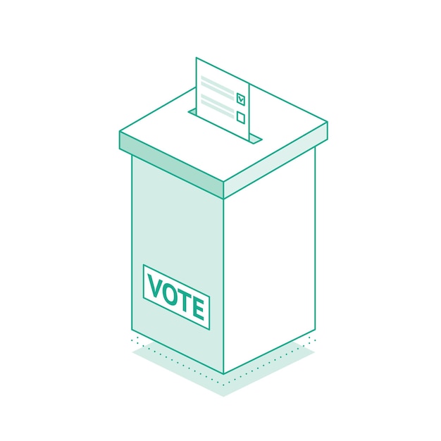 Isometric ballot box at a polling station Outline object isolated on white background Inserted ballot with check mark in hole