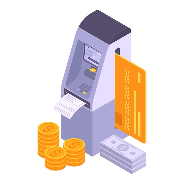 Vector isometric bank terminal 3d vector illustration banking payment or currency exchange atm on white