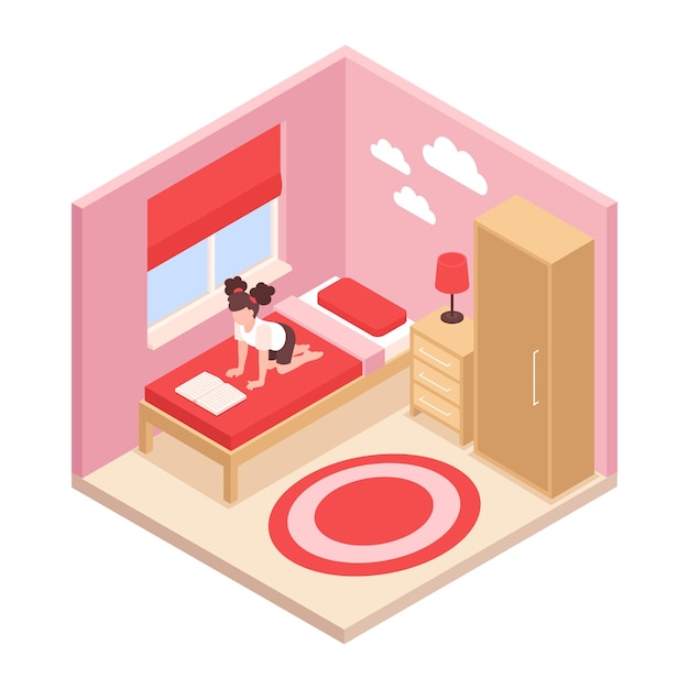 Isometric bedroom interior with girl reading book on her bed