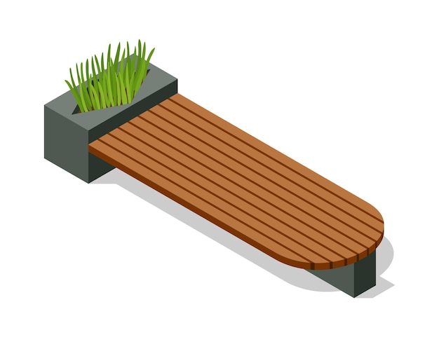 Isometric benche icon Eco street seating Modern design element with flower bed in city park Place for rest relaxation and picnic or meeting friends