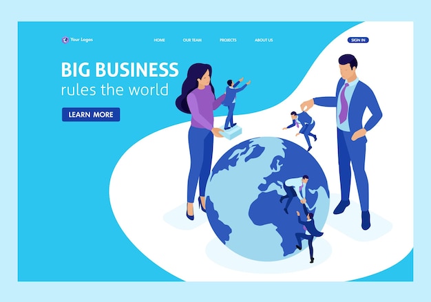 Isometric Big boss chooses small people and places them around the world. Website Template Landing page.