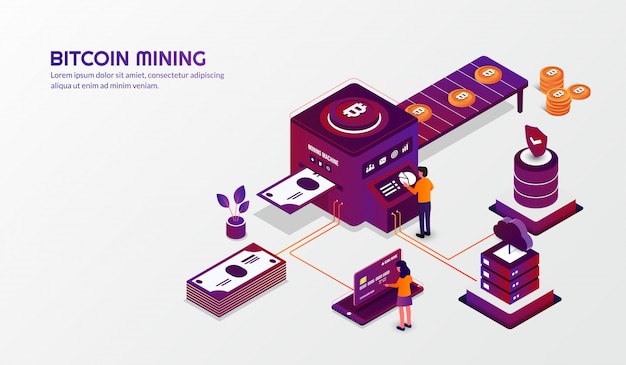 Isometric bitcoin mining concept, Cryptocurrency background