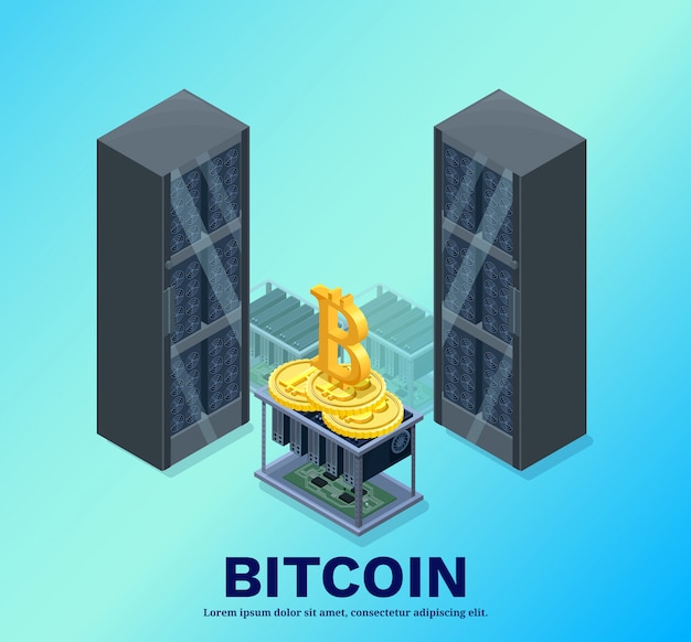 Isometric bitcoin mining farm, video circuit and server