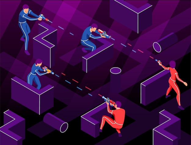 Vector isometric blaster game composition with characters of players shooting with laser guns surrounded by neon barriers illustration