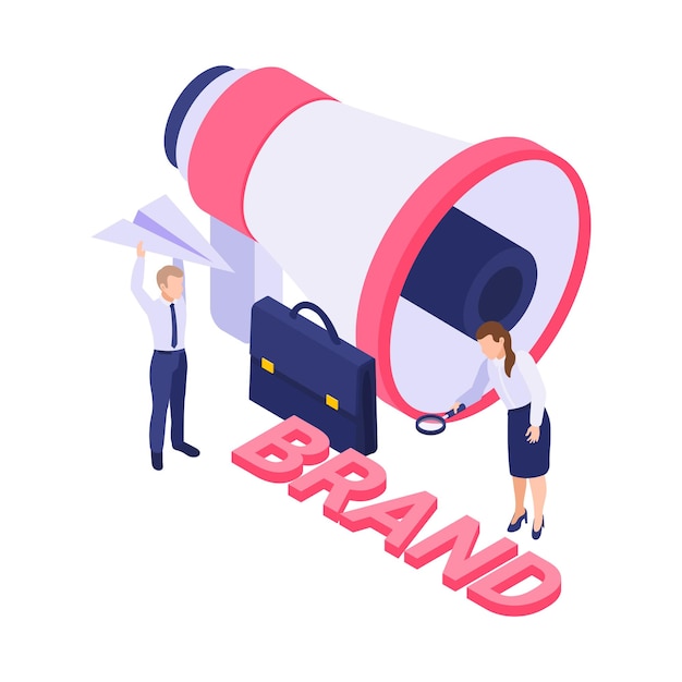 Vector isometric brand  with megaphone and people  illustration