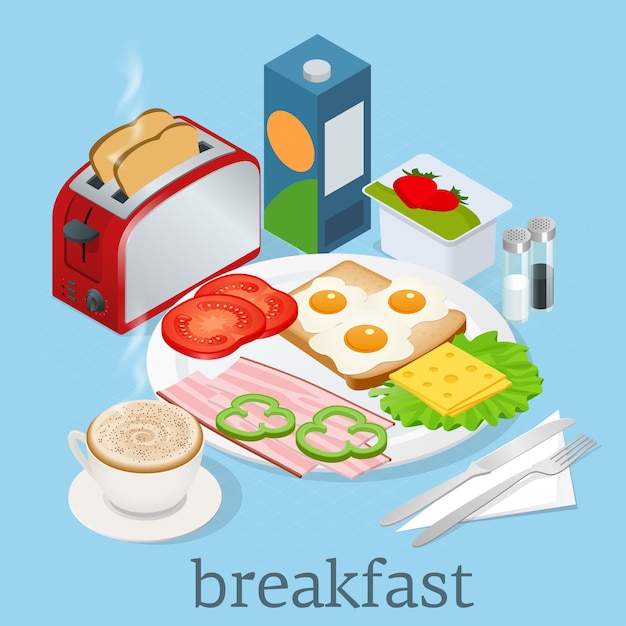 Isometric Breakfast and kitchen equipment icons set. English breakfast with fried eggs, bacon, sausages, beans, toasts, coffee and fresh salad. Vector illustration.