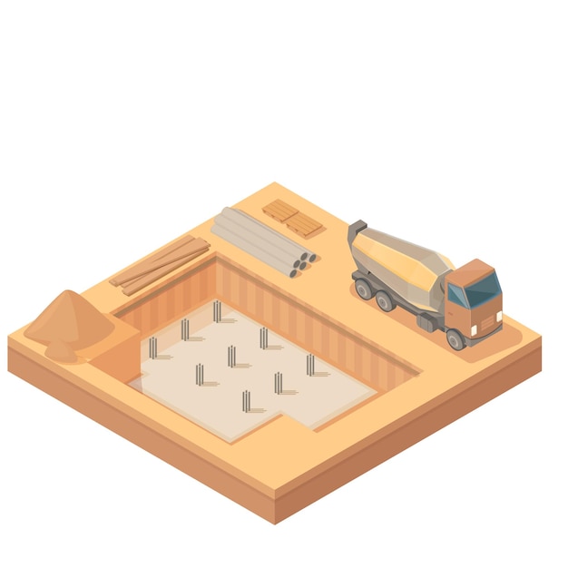 isometric building excavation for construction site with concrete mixer vector illustration