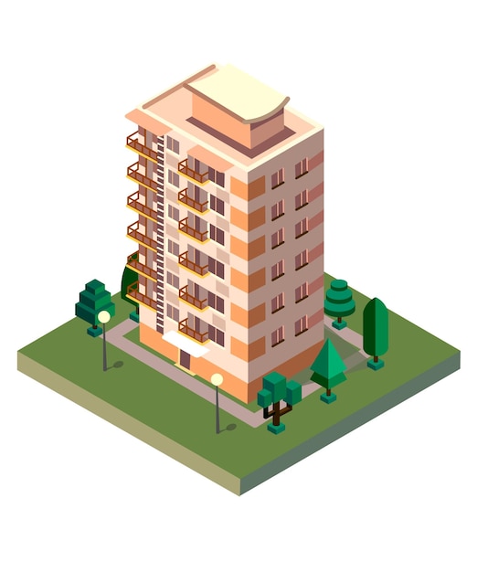 Isometric building with a balcony and trees.