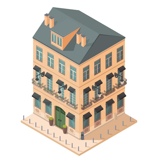 Isometric building with restaurant and terrace, vector illustration