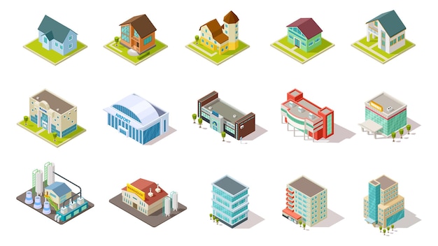 Isometric buildings. City urban infrastructure, residential, industrial and social buildings 3d  set. Architecture residential building, house airport, infrastructure isometric illustration