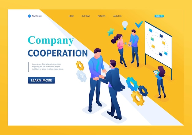 Isometric business Cooperation between companies and employees Landing page concepts and web design