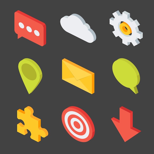 Isometric Business Icons Set. Flat 3d Vector Illustration of Nine Icons