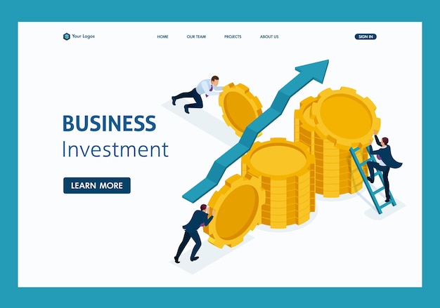 Isometric Business investment in business development, entrepreneurs build savings. Website Template Landing page.