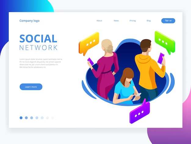 Isometric business people group using smart phone, tablet for working or playing social network. Online sharing connection. Vector illustration.