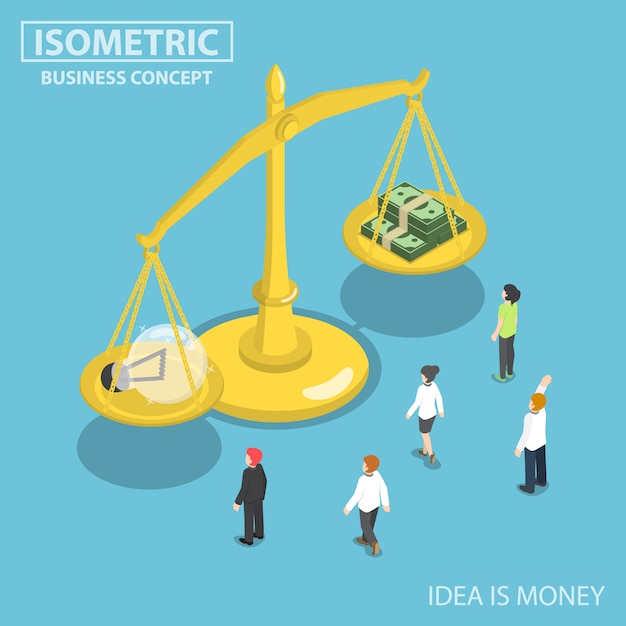 Isometric business people looking at lightbulb of Ideas and money balance on the scale