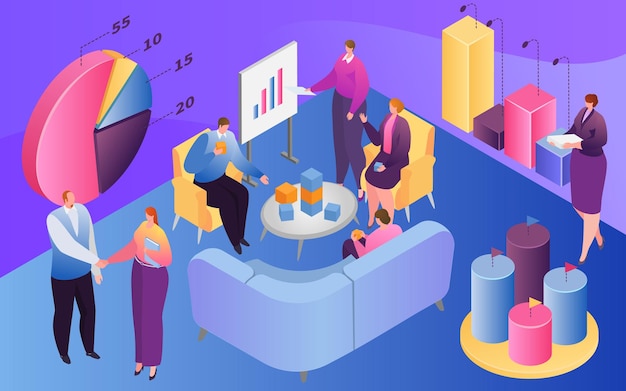 Isometric business people teamwork vector illustration d tiny man woman character work with infograp...