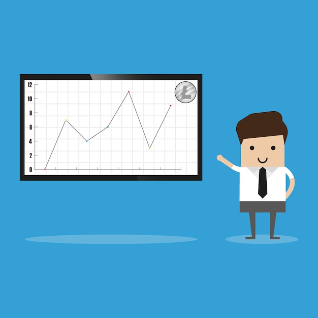 Isometric Businessman analyzing a litecoin analytics intelligence dashboard operations litecoin data statistics charts