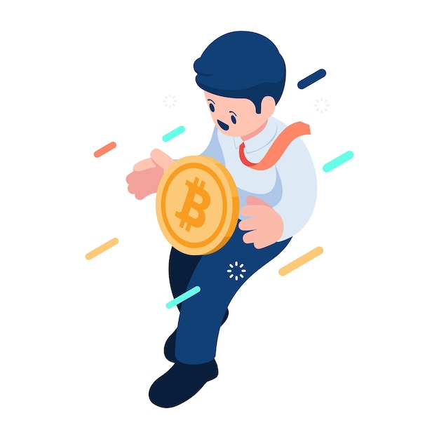 Isometric Businessman Floating and Holding Bitcoin