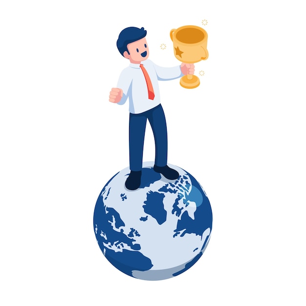 Isometric Businessman Holding Trophy and Stands on Top of The World