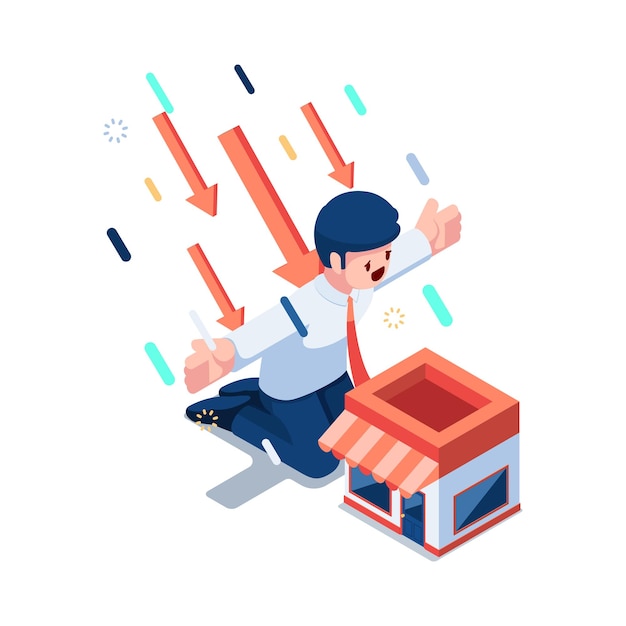 Isometric Businessman Protect Shopping Store from Falling Arrows