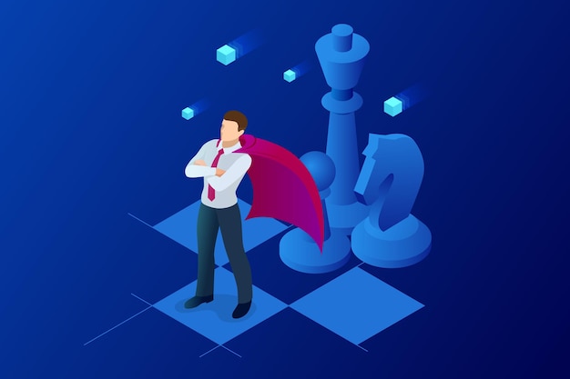 Isometric businessman standing on chess board. Strategy, management, leadership concept. Business strategy.