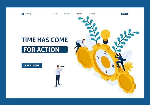 Isometric Businessmen climb the clock, cooperation for success. Website Template Landing page.