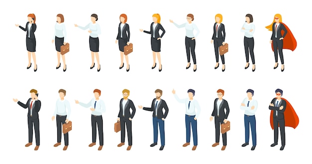 Isometric businessmen. Office employee 3D characters, different men and women standing sitting and communicating. professional workers illustration set