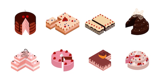 Isometric cakes. Chocolate cake slice, delicious sliced birthday pie and tasty pink glaze cake. Cakes with a cut piece.