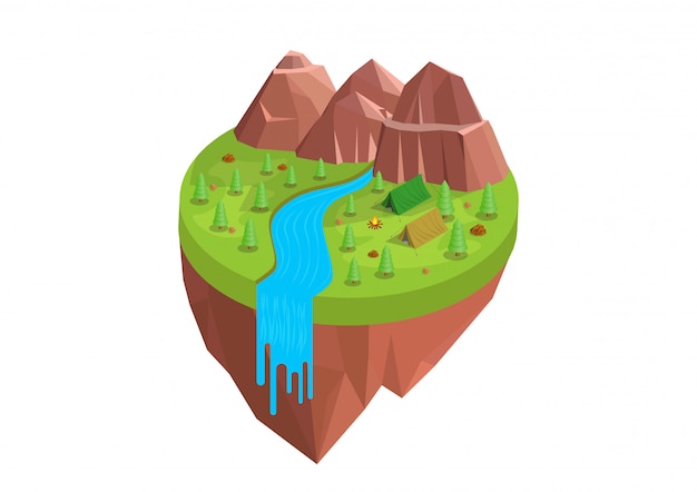 Isometric of camping around mountain and river