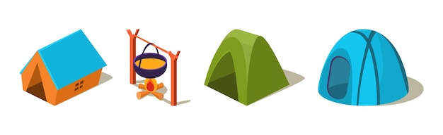 Isometric Camping Object and Adventure Elements Vector Set Summer Outdoor Tourist Recreation