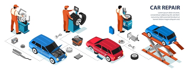 Isometric car repair infographics with service man and repair tools vector illustration