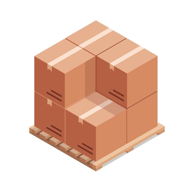 Isometric cardboard boxes on wooden pallet. Cargo box. Vector illustration.