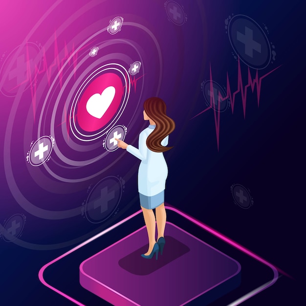 Isometric cardiologist diagnose a disease, prescribed a medicine for treatment, monitors the development of treatment, reviews, work with high tech technologies