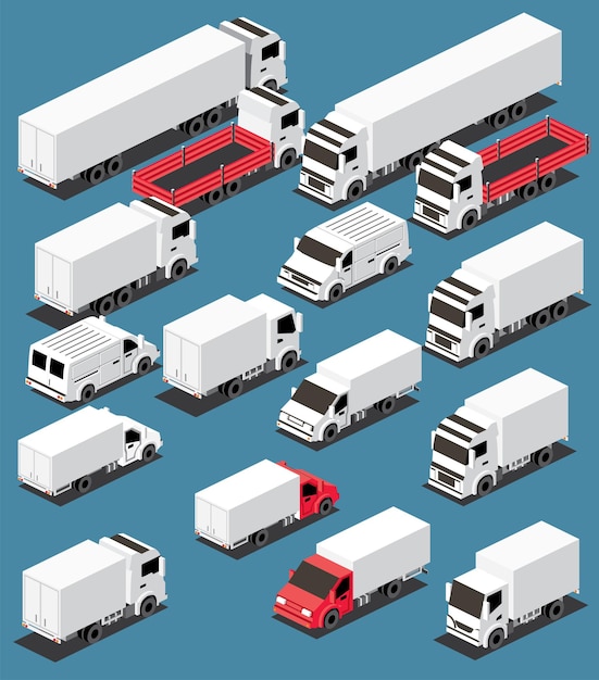 Isometric Cargo Trucks Collection Commercial Transport Set Logistics City Object for Infographics