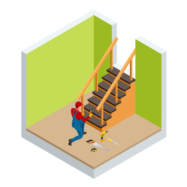 Isometric carpenter building wooden staircase, checking levels for accuracy and quality control in a new home. Vector illustration