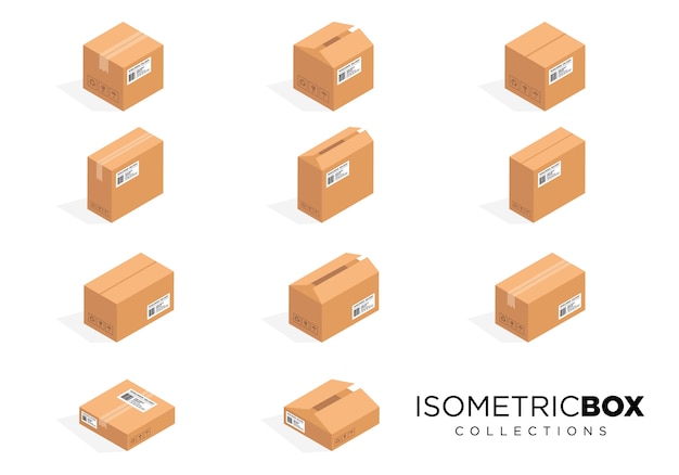 Isometric carton packaging box images set