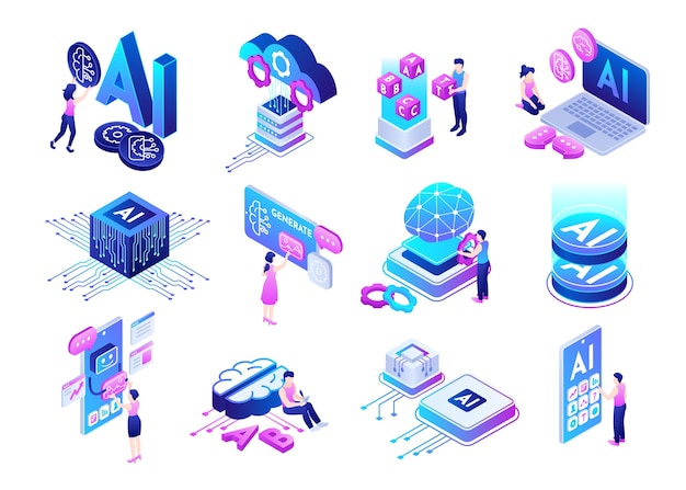 Vector isometric cartoon artificial intelligence collection