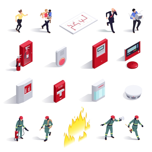 Isometric cartoon evacuation icons set