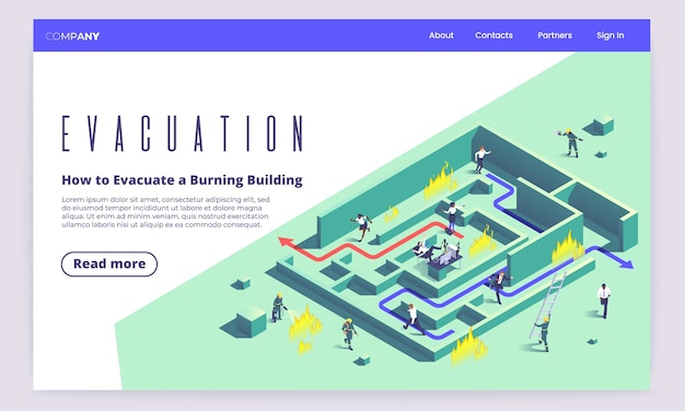 Isometric cartoon evacuation landing page