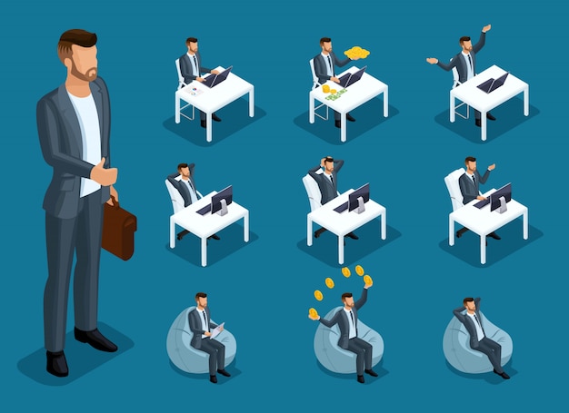 Vector isometric cartoon people,  businessmen, businessmen in different situations, big man and mini concept with him for  illustrations