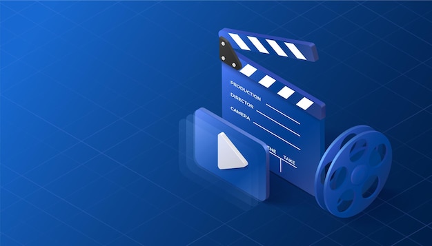 Isometric cinema illustration Movie concept Clapper reel and play button objects