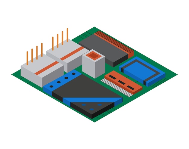 Isometric circuit board with electronic components. Computer chip technology processor circuit and computer motherboard information system. Technology equipment device concept.