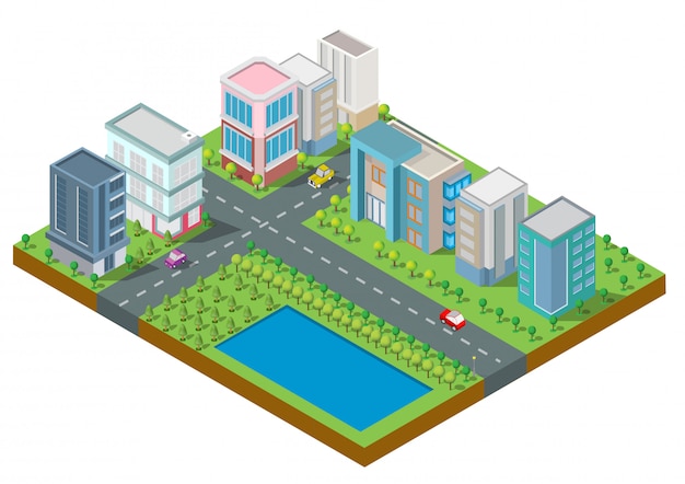 Isometric City Building vector.The town on Yard with road and trees.Bridge over the river.smart city and public park.building 3d,cars,capital , Vector office and metropolis concept.