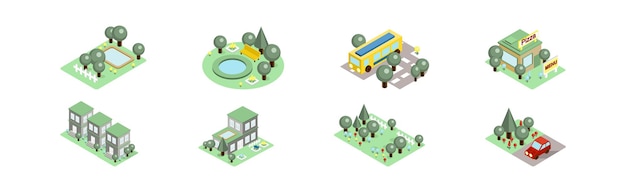 Isometric city buildings with park area vector set